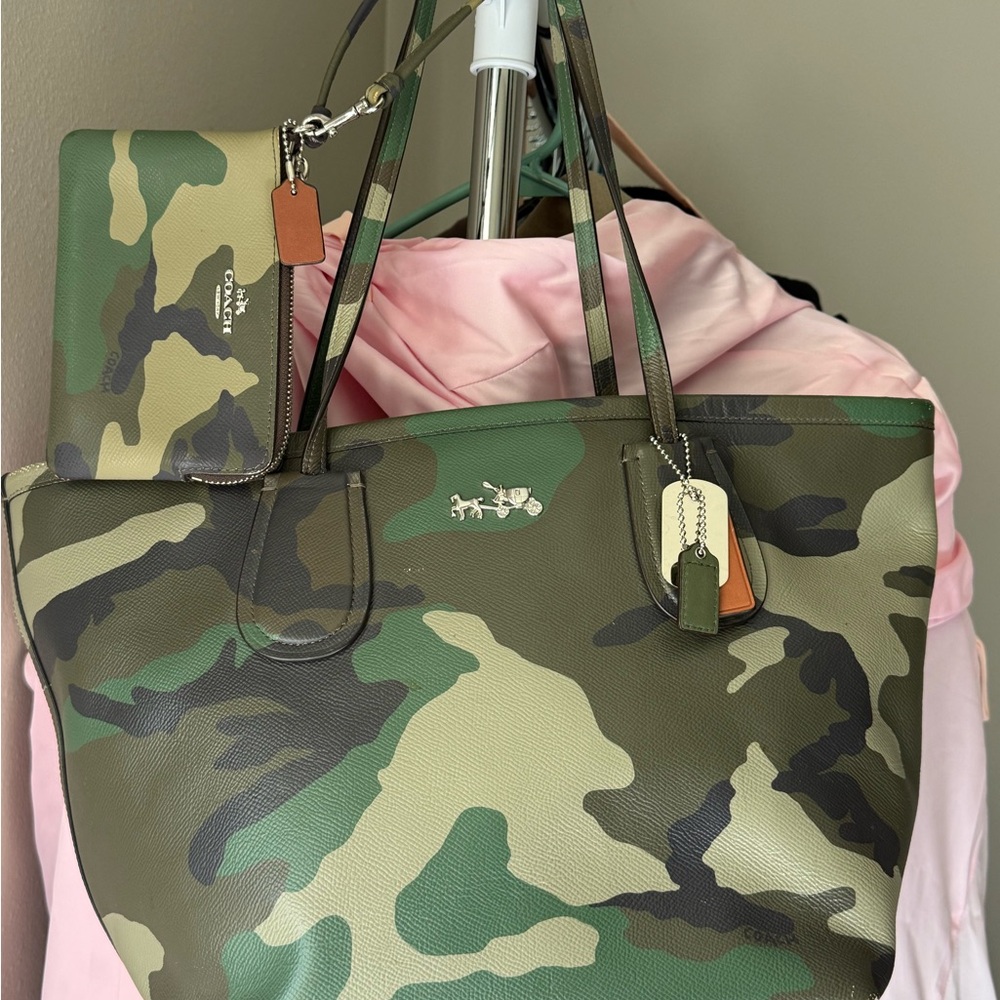 Coach Green Camouflage Tote and Wallet Set